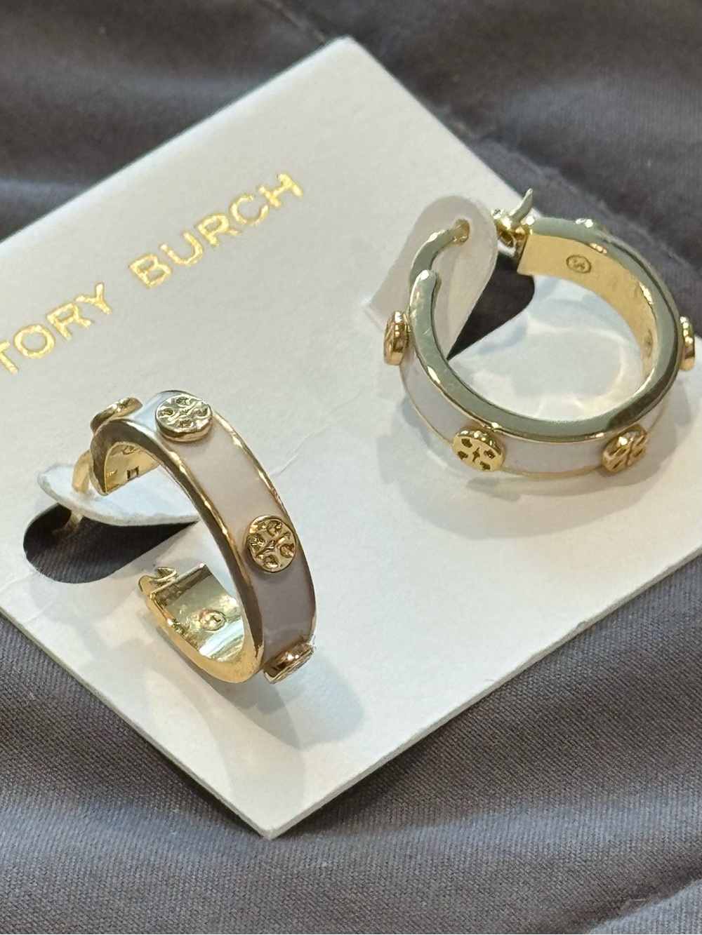Tory Burch Gold and White Enamel Logo Accent Hoop Earrings